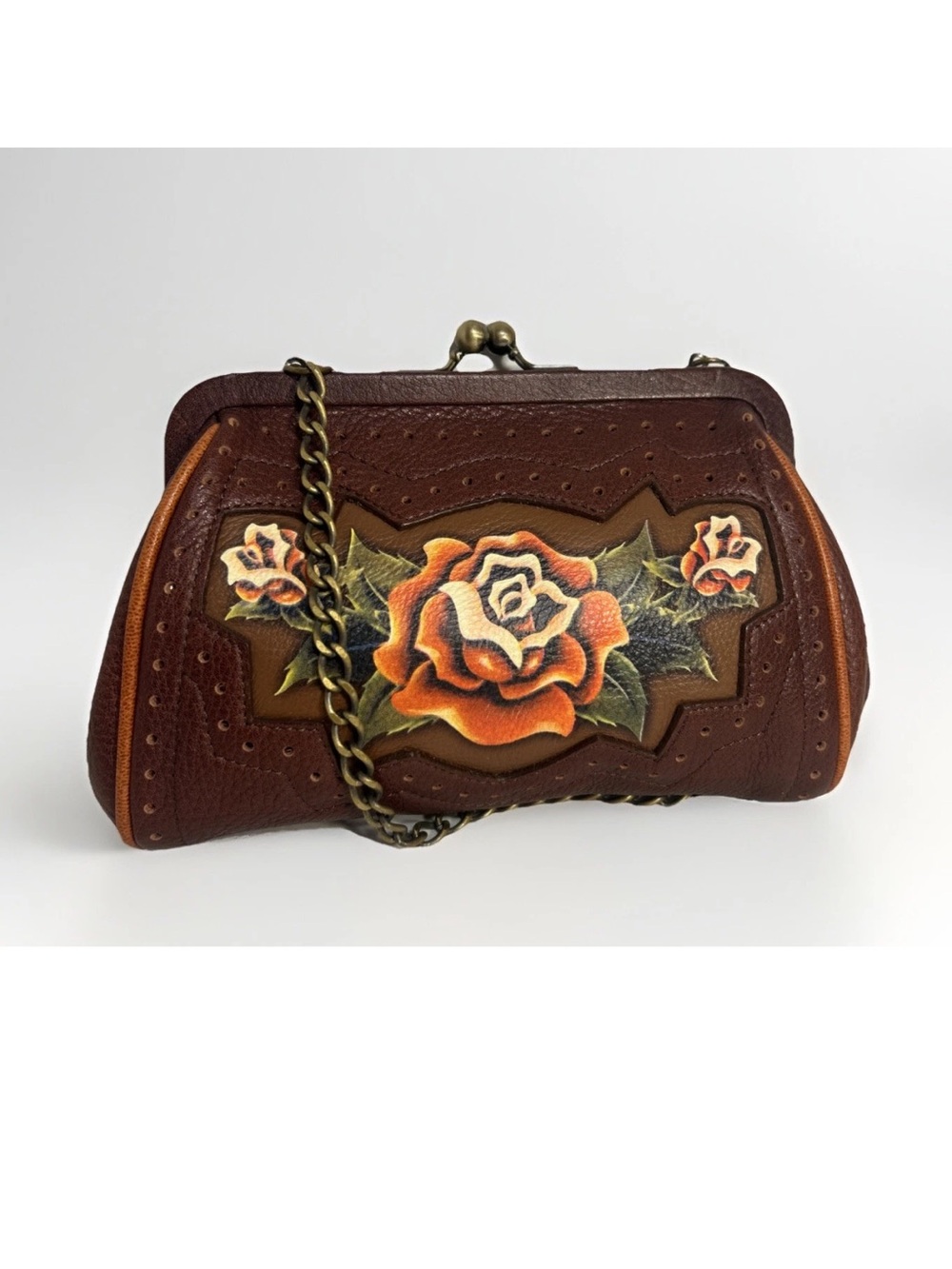 Rare Isabella Fiore Supple Brown Leather Shoulder Bag / Crossbody w Rose Design
